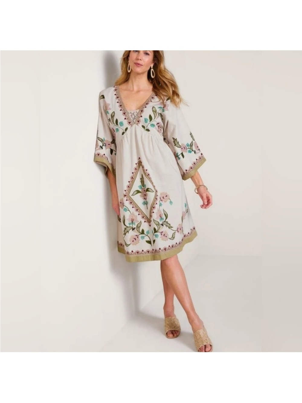 Soft Surroundings Ginevra‎ Kimono Sleeve Embroidered Cotton Dress Small Petite
